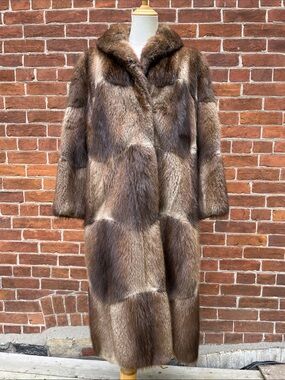 Vintage Fur Checkerboard Long Overcoat Marten/Mink
